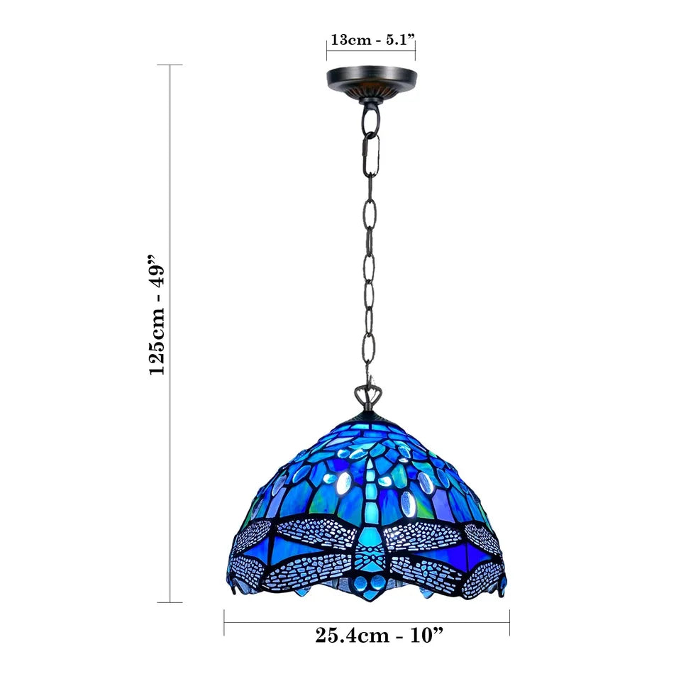 Blue & Black Dragonfly Tiffany Style Pendant Lamp 10 inch Stained Glass Shade