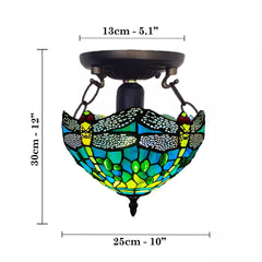 Green 10 inch Stained Glass Tiffany Dragonfly Style Ceiling Light