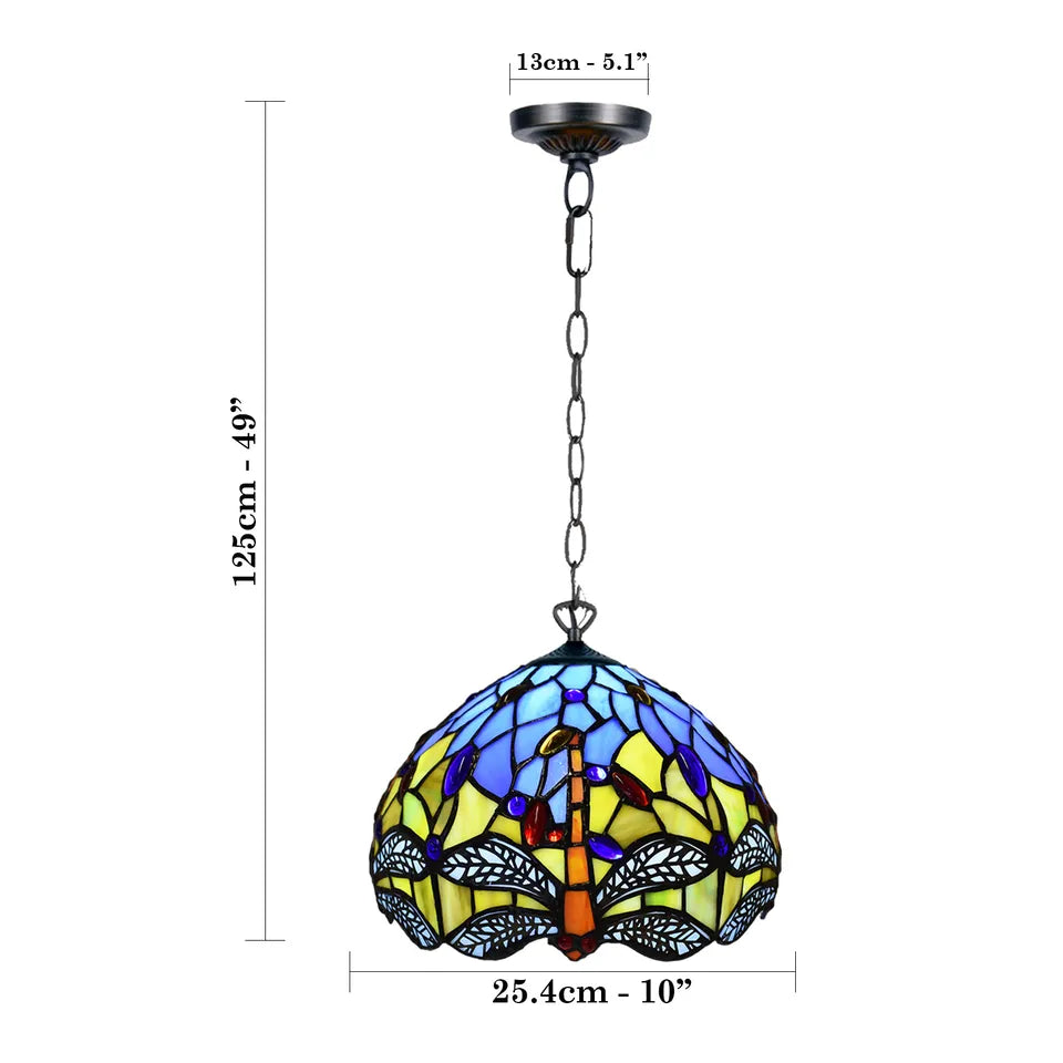 10 inch Blue & Yellow Antique Tiffany Style Pendant Lamp Dragonfly Stained Glass Shade