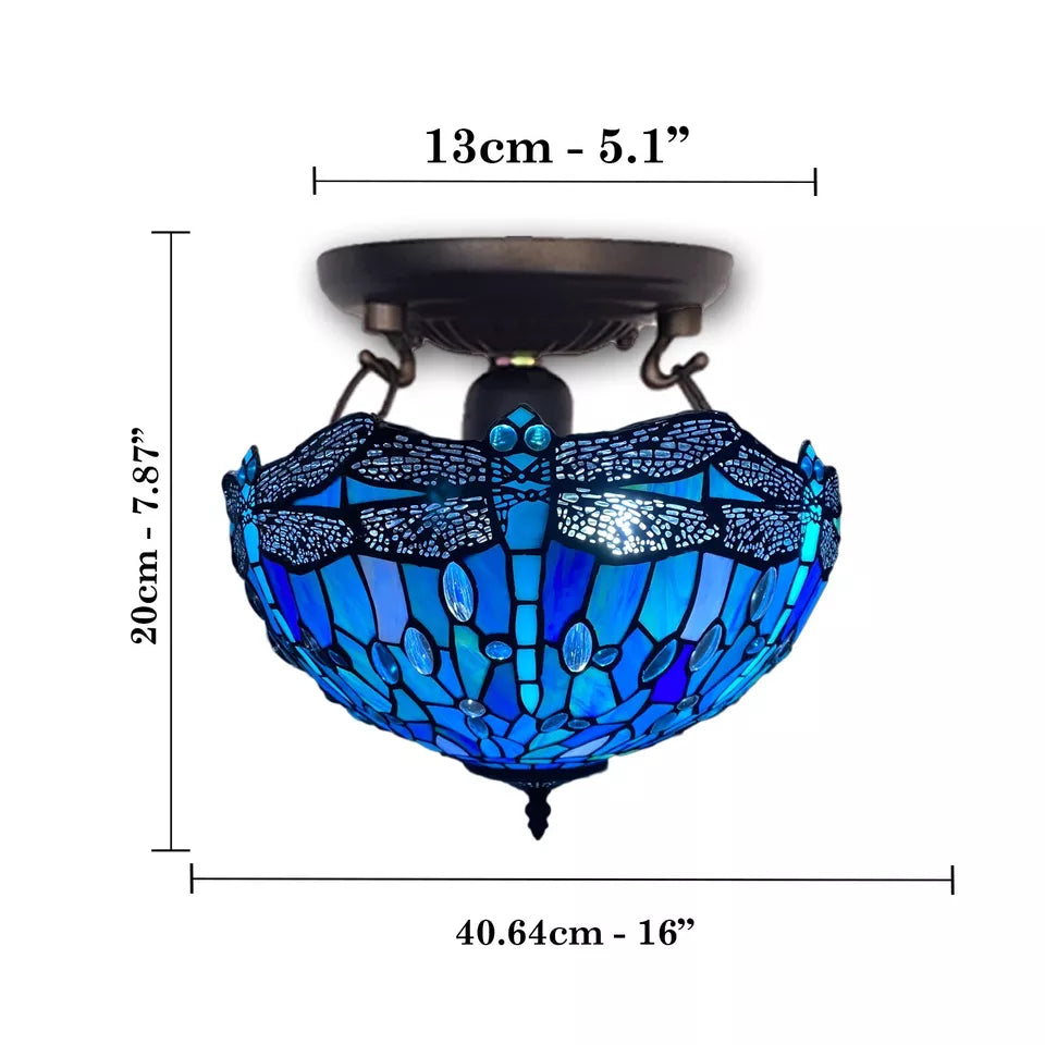 Ceiling Light Blue Dragonfly Tiffany Style 16-inch Stained Glass Shade UK