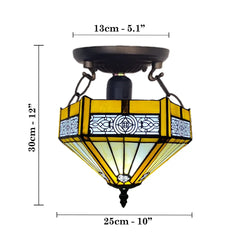 Tiffany Yellow Hexagon Ceiling Lamp 10 inch Stained Glass Shade Antique Style