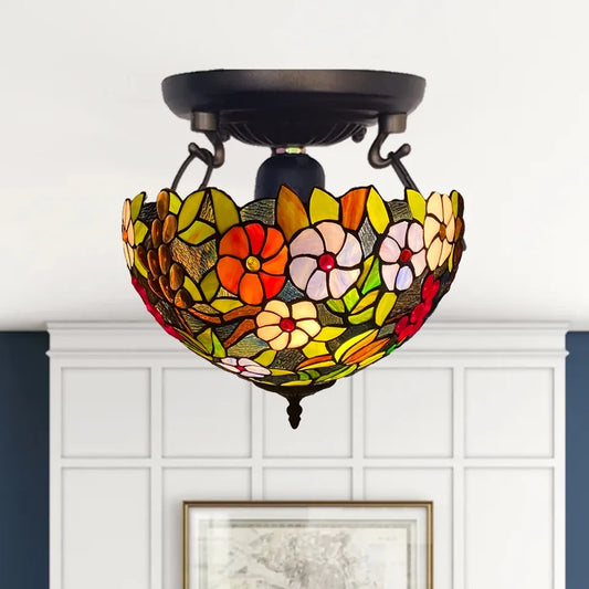 16 inch Tiffany Flower Style Ceiling Lamp Stained Glass Handcraft Shade