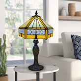 Tiffany Style Table Lamp Yellow Hexagon Handcrafted Multicolor Stained Glass UK