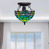 Green 10 inch Stained Glass Tiffany Dragonfly Style Ceiling Light