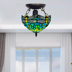 Green 10 inch Stained Glass Tiffany Dragonfly Style Ceiling Light