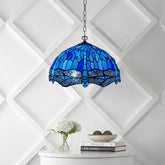 Blue & Black 16 Inch Tiffany Style Blue Dragonfly Pendant Light Stained Glass Shade