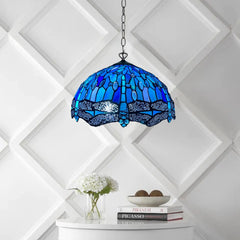 Blue & Black 16 Inch Tiffany Style Blue Dragonfly Pendant Light Stained Glass Shade
