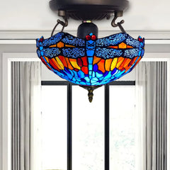 Blue & Orange Tiffany Dragonfly Style Ceiling Lamp 16 Inch Stained Glass Shade