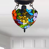 Flower Design Antique Tiffany Style Ceiling Light Handcrafted Stained Glass Shade