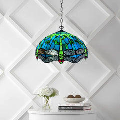16 inch Green Tiffany Style Dragonfly Pendant Light Stained Glass Shade