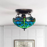 Handmade 16 inch Tiffany Green Dragonfly Style Ceiling Lamp Stained Glass Shade