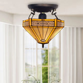 16 inch Stained Glass Yellow Hexagon Tiffany Style Ceiling Lamp Handmade