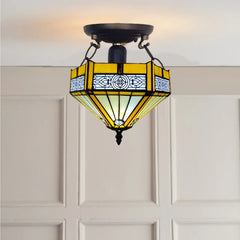 Tiffany Yellow Hexagon Ceiling Lamp 10 inch Stained Glass Shade Antique Style
