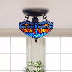 Blue & Orange Tiffany Dragonfly Style Ceiling Lamp 16 Inch Stained Glass Shade