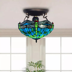 Handmade 16 inch Tiffany Green Dragonfly Style Ceiling Lamp Stained Glass Shade