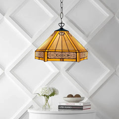16 Inch Yellow Hexagonal Pendant Light Style Handcrafted Stained Glass Shade