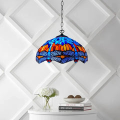 16 Inch Tiffany Style Blue & Orange Dragonfly Stained Glass Pendant Light