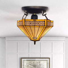 16 inch Stained Glass Yellow Hexagon Tiffany Style Ceiling Lamp Handmade