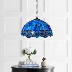 Blue & Black 16 Inch Tiffany Style Blue Dragonfly Pendant Light Stained Glass Shade