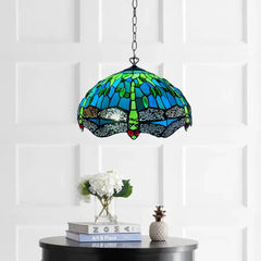 16 inch Green Tiffany Style Dragonfly Pendant Light Stained Glass Shade