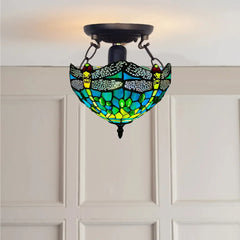Green 10 inch Stained Glass Tiffany Dragonfly Style Ceiling Light