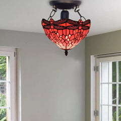 Red Color Dragonfly Design Ceiling Light Tiffany Style 10 inch Stained Glass Shade