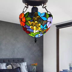 Flower Design Antique Tiffany Style Ceiling Light Handcrafted Stained Glass Shade