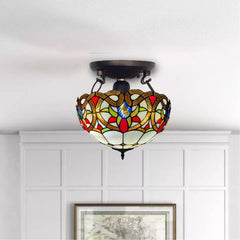Multicolor 16 Inch Tiffany Style Ceiling Light Handcrafted Stained Glass