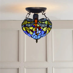 10 Inch Tiffany Style Multicolor Dragonfly Design Ceiling Light Stained Glass Shade
