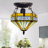 Tiffany Yellow Hexagon Ceiling Lamp 10 inch Stained Glass Shade Antique Style