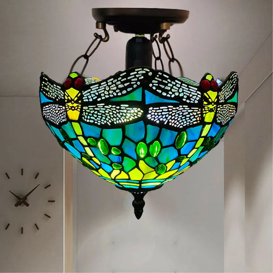 Green 10 inch Stained Glass Tiffany Dragonfly Style Ceiling Light