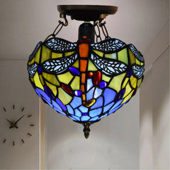 10 Inch Tiffany Style Multicolor Dragonfly Design Ceiling Light Stained Glass Shade