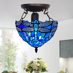 10 inch Tiffany Blue Dragonfly Ceiling Lamp Stained Glass Shade Antique Style
