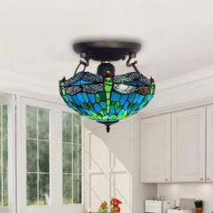 Handmade 16 inch Tiffany Green Dragonfly Style Ceiling Lamp Stained Glass Shade