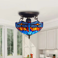 Blue & Orange Tiffany Dragonfly Style Ceiling Lamp 16 Inch Stained Glass Shade