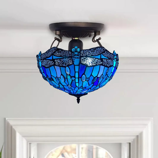 Ceiling Light Blue Dragonfly Tiffany Style 16-inch Stained Glass Shade UK