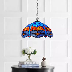 16 Inch Tiffany Style Blue & Orange Dragonfly Stained Glass Pendant Light