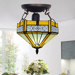 Tiffany Yellow Hexagon Ceiling Lamp 10 inch Stained Glass Shade Antique Style