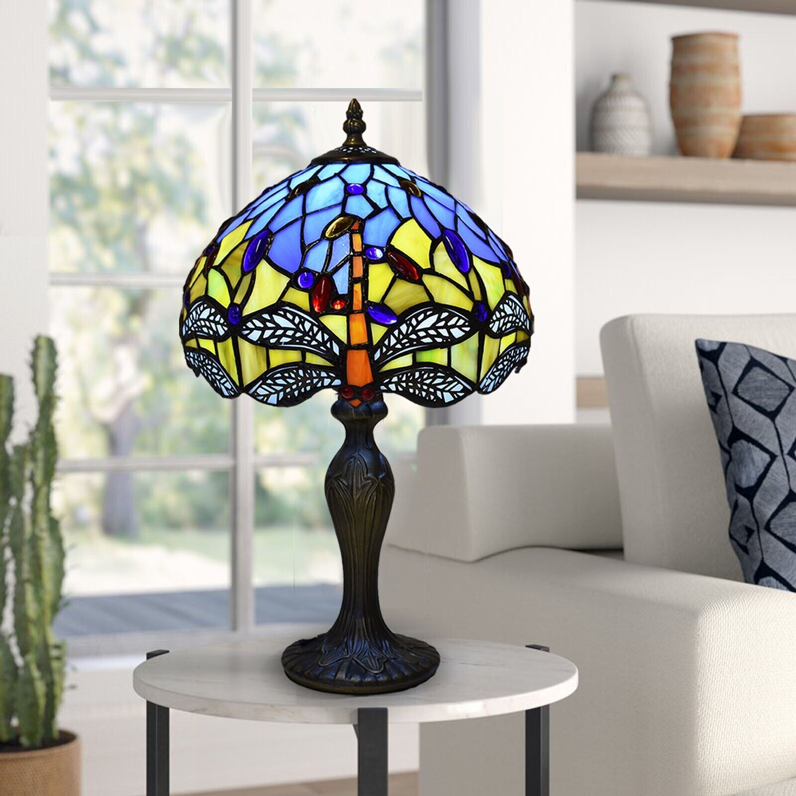 Tiffany Table Lamp Dragonfly Style Handmade 10 inch Stained Glass Mult