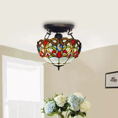 Multicolor 16 Inch Tiffany Style Ceiling Light Handcrafted Stained Glass