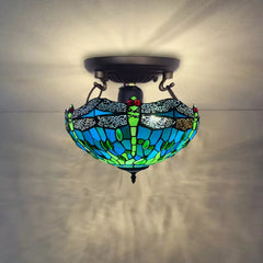 Handmade 16 inch Tiffany Green Dragonfly Style Ceiling Lamp Stained Glass Shade