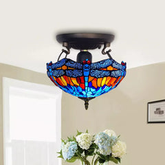 Blue & Orange Tiffany Dragonfly Style Ceiling Lamp 16 Inch Stained Glass Shade