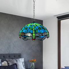 16 inch Green Tiffany Style Dragonfly Pendant Light Stained Glass Shade