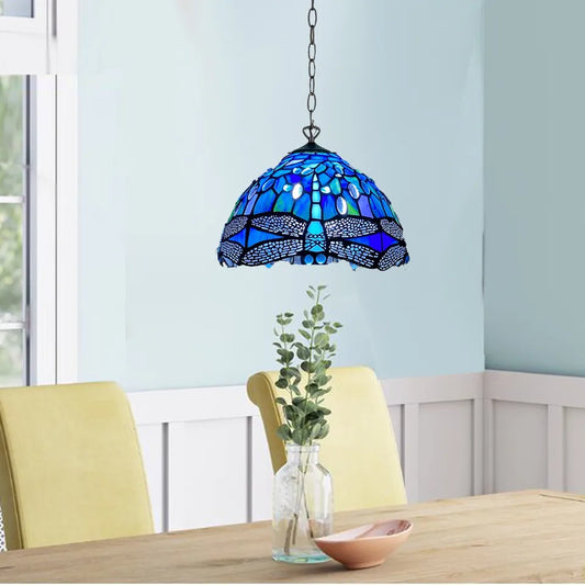 Blue & Black Dragonfly Tiffany Style Pendant Lamp 10 inch Stained Glass Shade