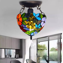 Flower Design Antique Tiffany Style Ceiling Light Handcrafted Stained Glass Shade
