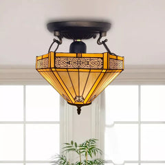 16 inch Stained Glass Yellow Hexagon Tiffany Style Ceiling Lamp Handmade