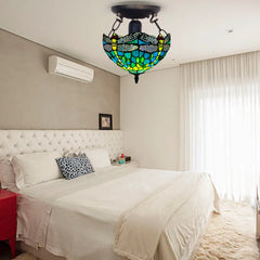 Green 10 inch Stained Glass Tiffany Dragonfly Style Ceiling Light