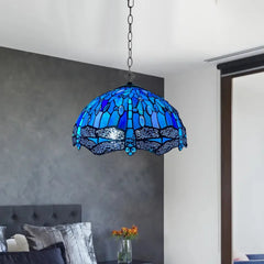 Blue & Black 16 Inch Tiffany Style Blue Dragonfly Pendant Light Stained Glass Shade