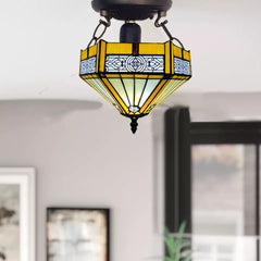 Tiffany Yellow Hexagon Ceiling Lamp 10 inch Stained Glass Shade Antique Style