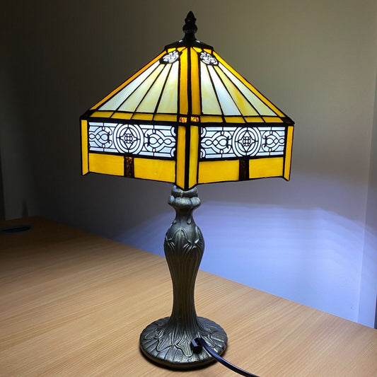 Tiffany Style Table Lamp Yellow Hexagon Handcrafted Multicolor Stained Glass UK